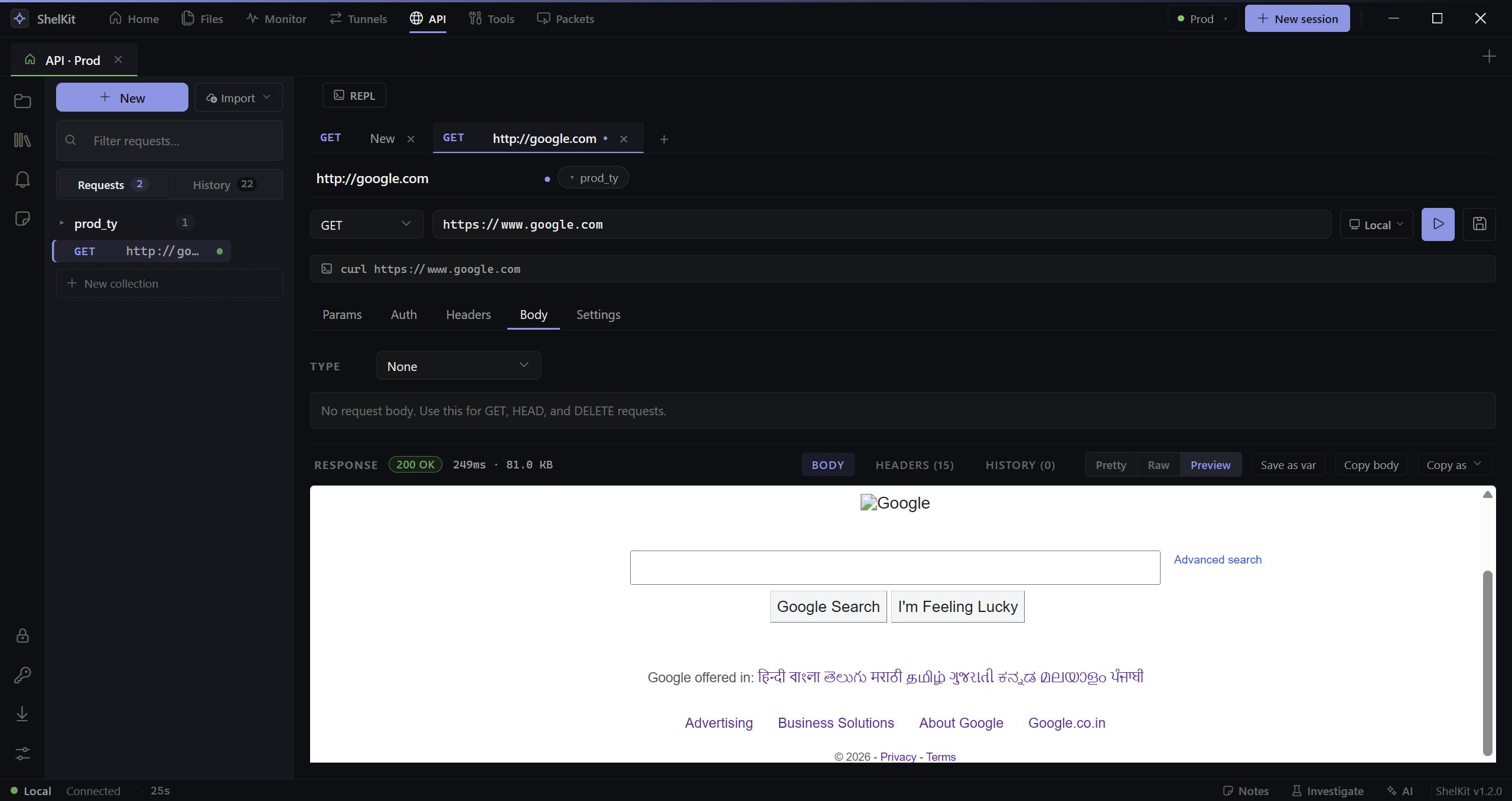 API console with a configured HTTP request, headers, body, and response status.