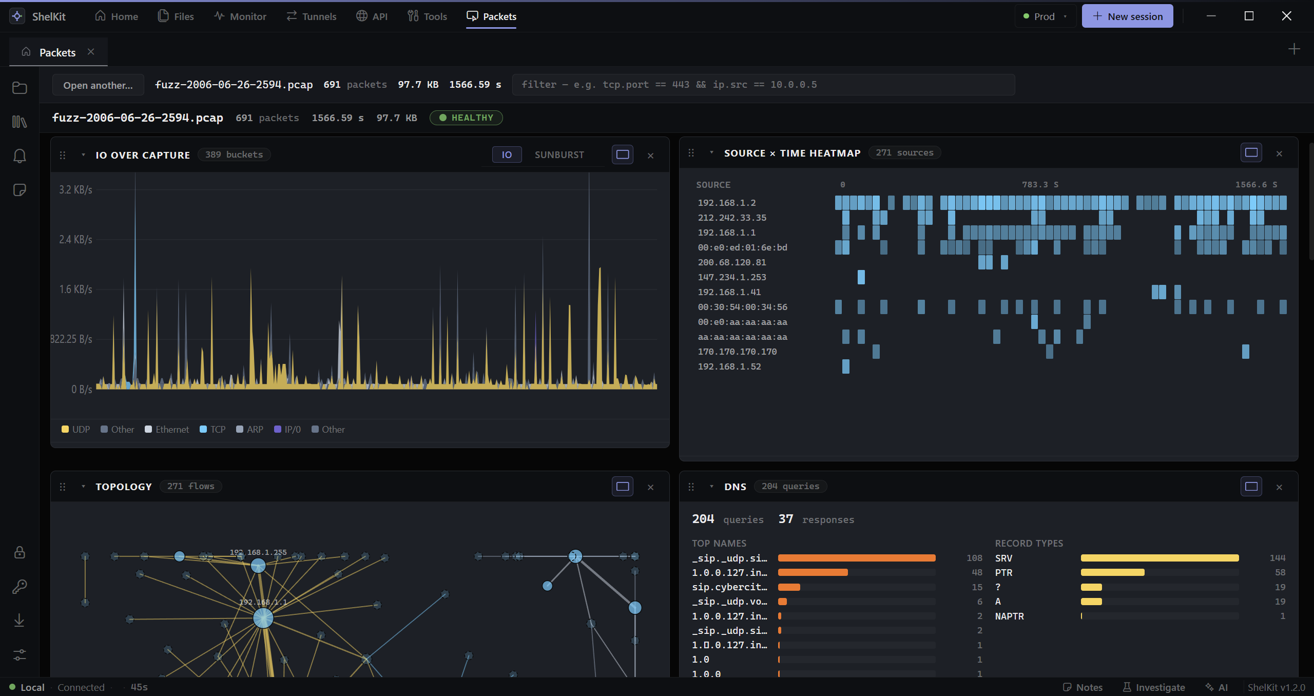 Packet analyzer: IO-over-capture chart, source-time heatmap, network topology graph, DNS top-names panel.
