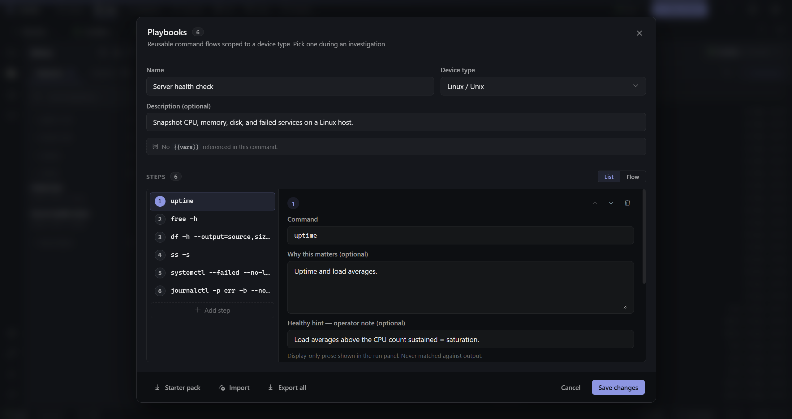 Playbook editor: a six-step Linux server-health-check with command, why-it-matters, and healthy-hint fields.