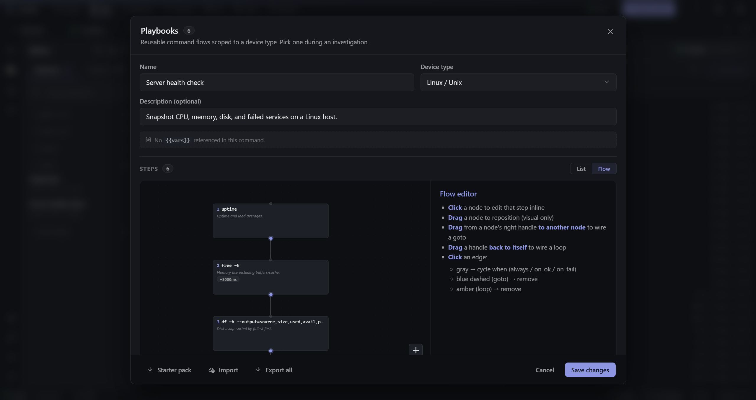 Playbook running in flow mode with step-by-step execution status.