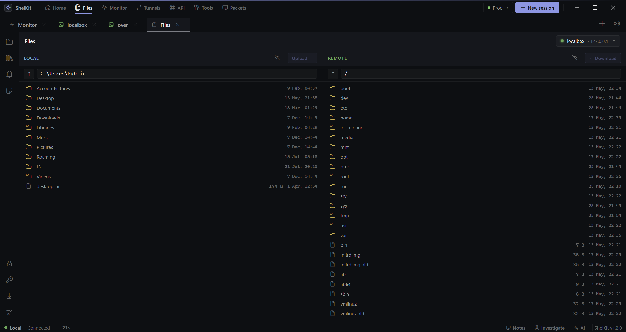 SFTP two-pane file browser showing local and remote directories with a transfer in progress.